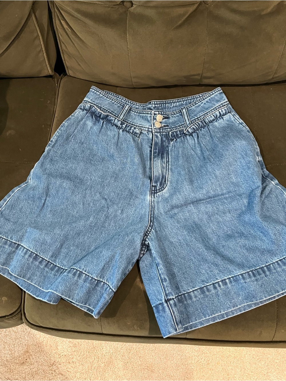 High-Rise Blue Denim Bermuda Shorts with Double Button Waist